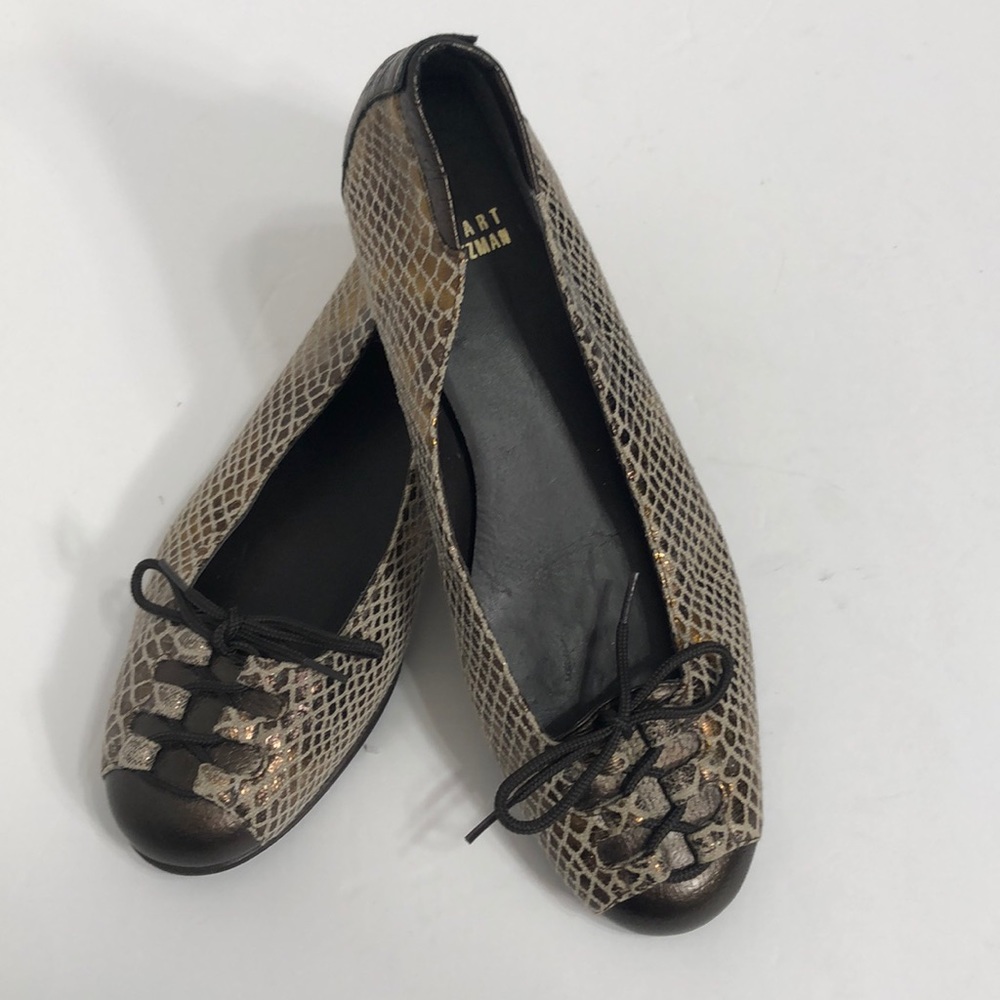 Stuart Weitzman Tulip Bow ballet flat brown gold tone snakeskin embossed leather